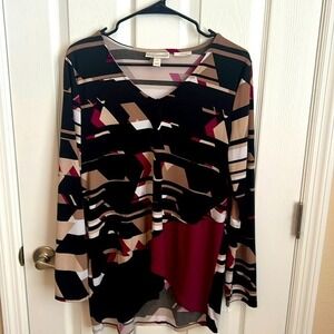 Dana‎ Buchman Travel Anywhere Top Geometric Print Long Sleeve Blouse Size M